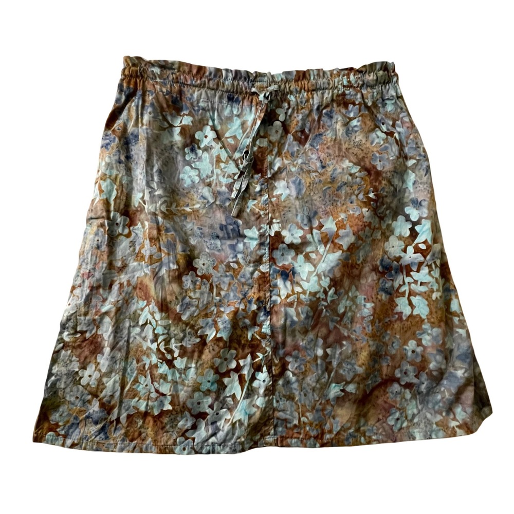 Santiki Womens Size Small Blue Brown Floral Batik Cotton A-Line‎ Skirt Elastic